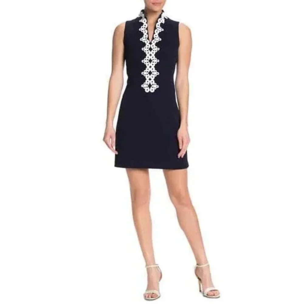 Vince Camuto Navy & White Mandarin Collar Sleeveless Mini Shift Dress Sz 8 - Picture 8 of 9
